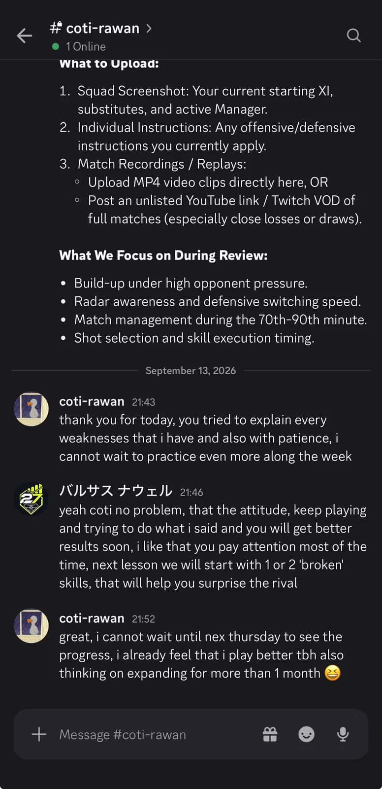 Discord coaching feedback from coti-rawan saying the weaknesses were explained patiently and play already felt better