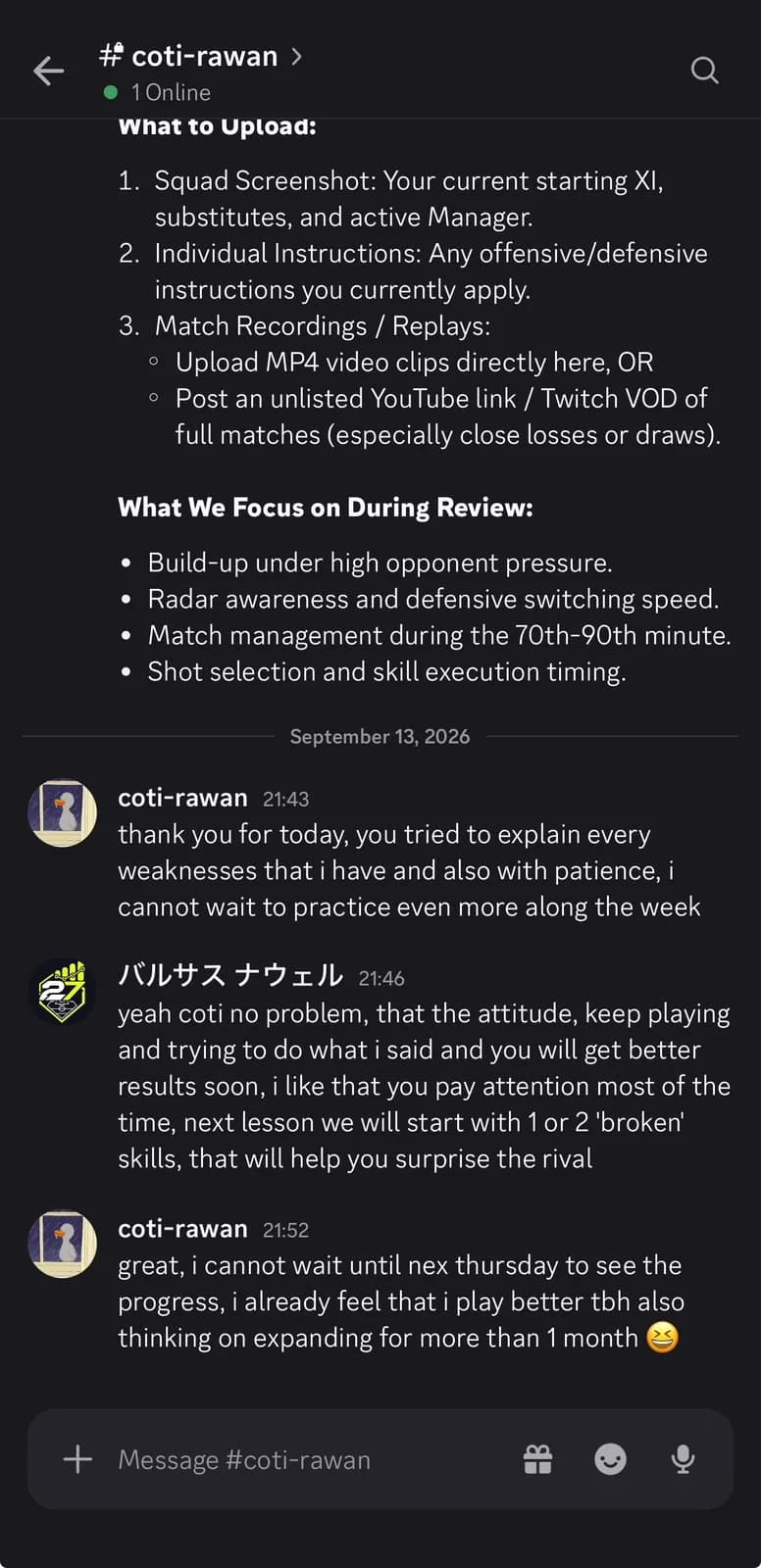 Discord coaching feedback from coti-rawan saying the weaknesses were explained patiently and play already felt better