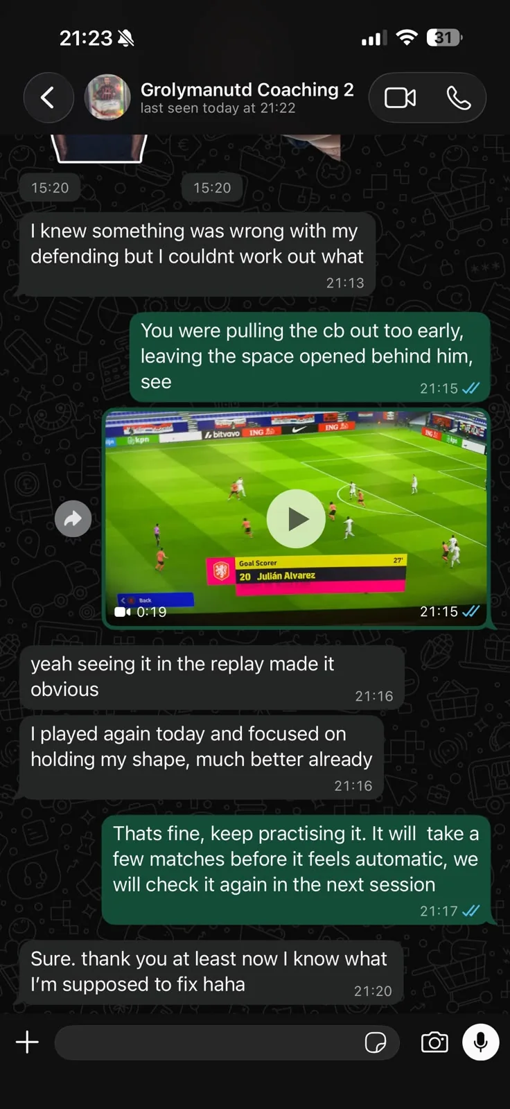 WhatsApp coaching conversation with grolymanutd about correcting defensive shape after replay analysis
