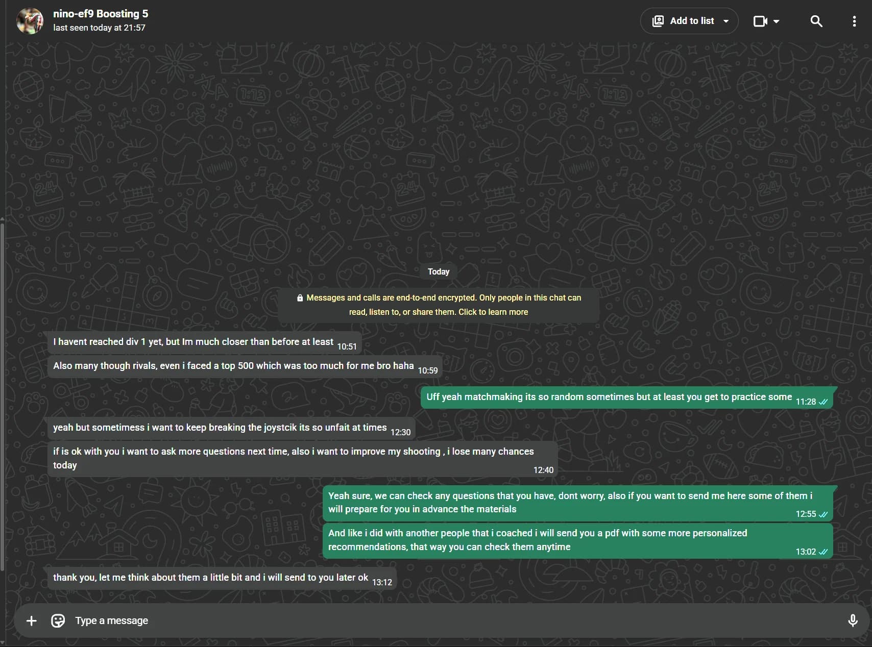 Cropped WhatsApp conversation with nino-ef9 reporting progress closer to Division 1 during a boosting service