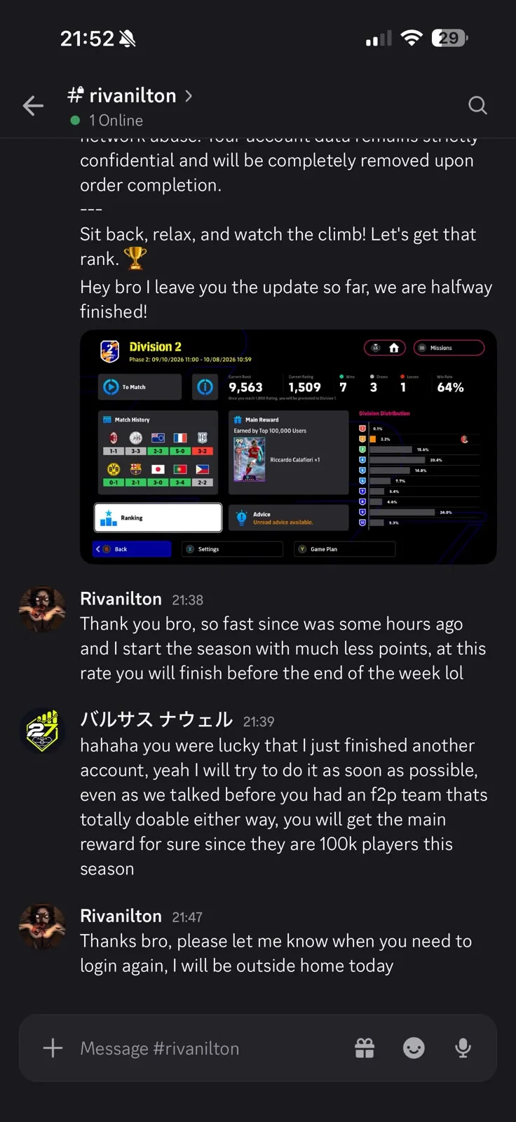 Discord boosting progress update for Rivanilton showing Division 2 and positive feedback about the speed of progress