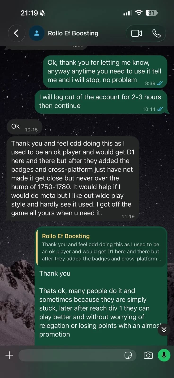 WhatsApp boosting conversation with Rollo describing being stuck around 1750 to 1780 rating and coordinating account access