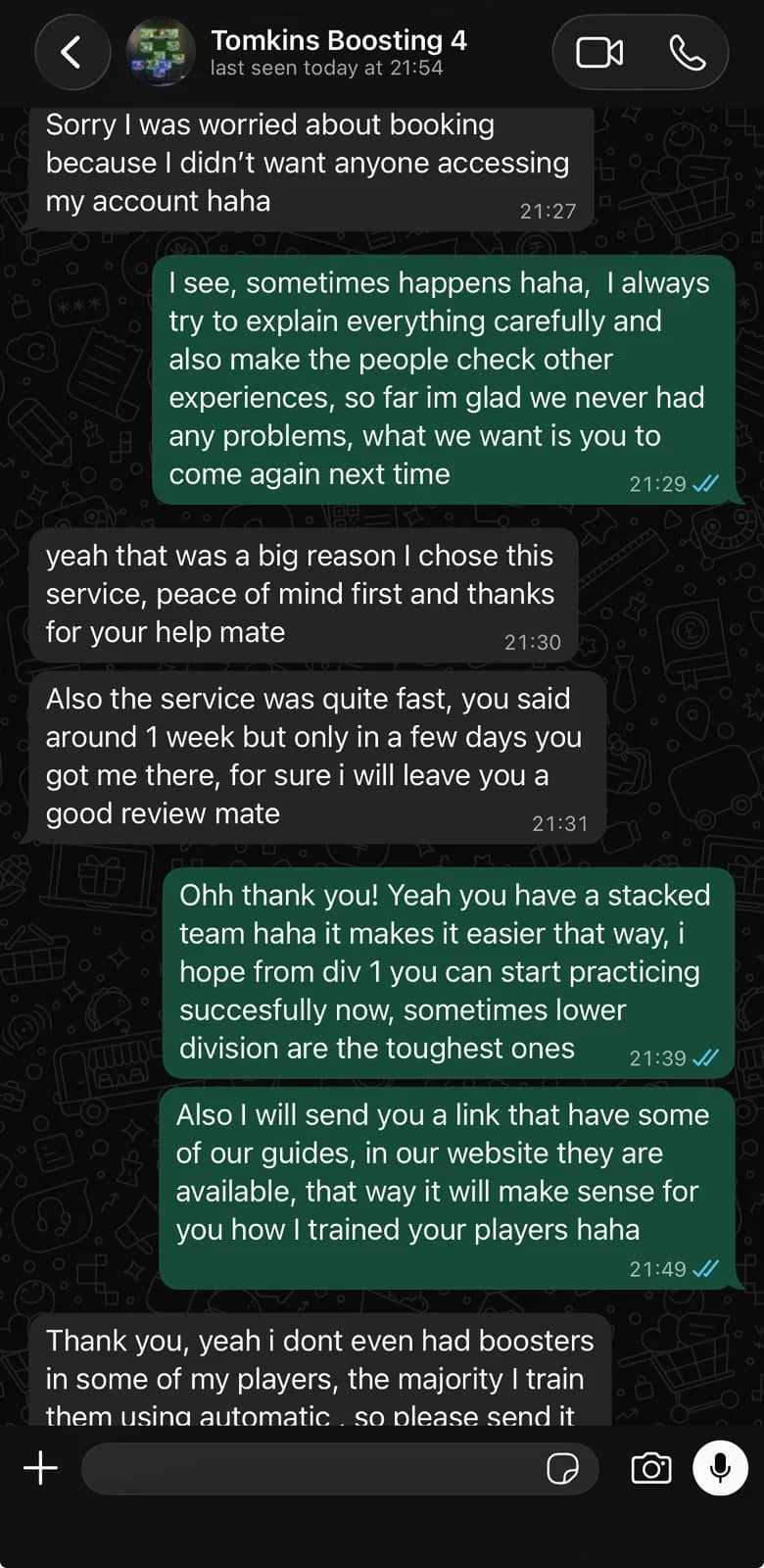 WhatsApp conversation with Tomkins describing peace of mind and a boosting service completed in a few days